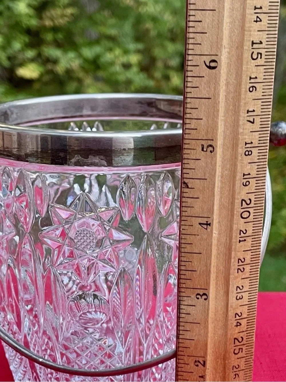 Cut Glass Ice Bucket with Silver Rim and Handle